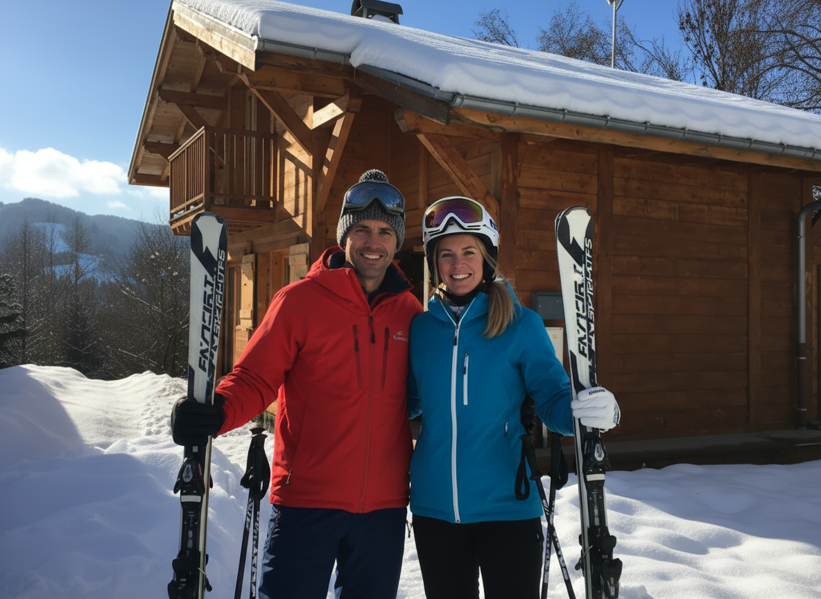 Couple in ski gear with skis, posing in front of a snow-covered chalet on a sunny day.