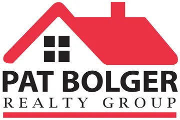 The logo for pat bolger realty group shows a house with a red roof.