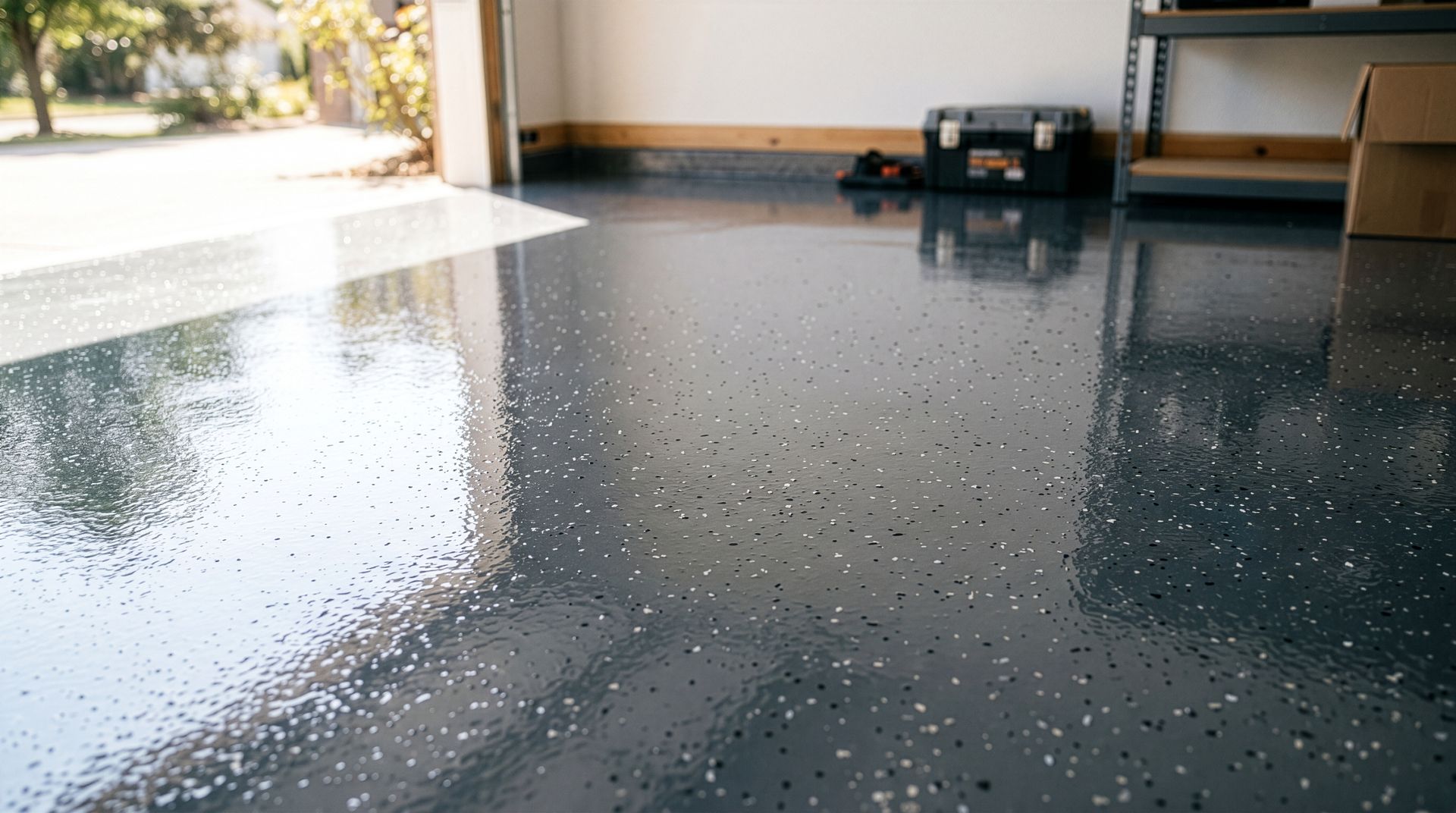 Shiny black speckled floor in a sunlit garage, with open doorway and storage shelves in back.