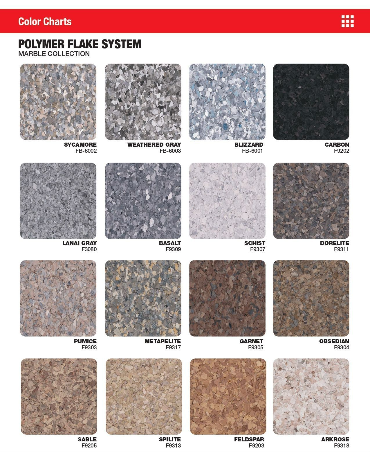 Color chart for polymer flake system showing multiple gray, tan, and brown speckled samples