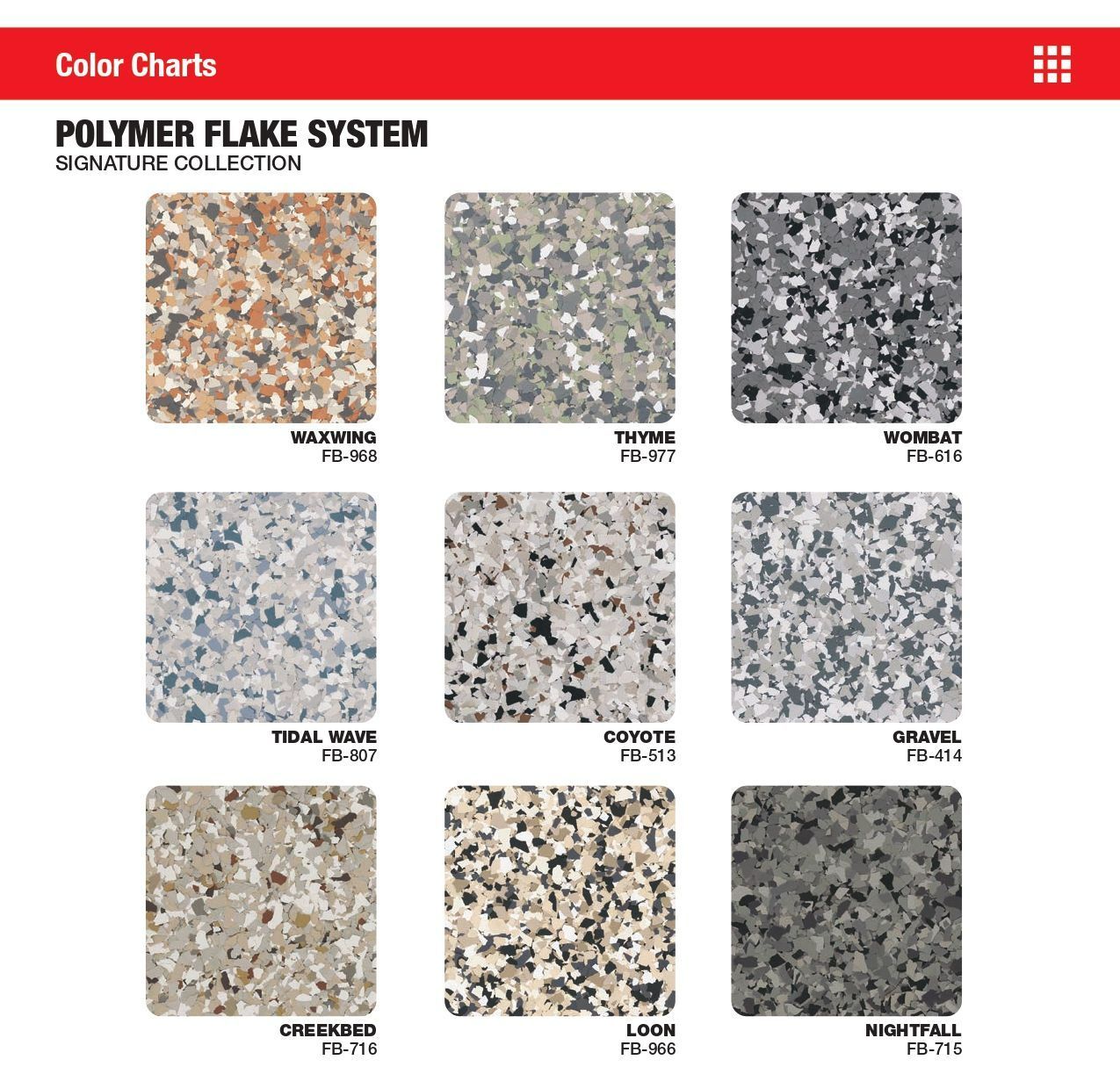 Color chart of polymer flake system samples in various speckled neutral colors
