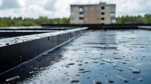 Toit noir avec des gouttes d'eau, devant un bâtiment patiné.