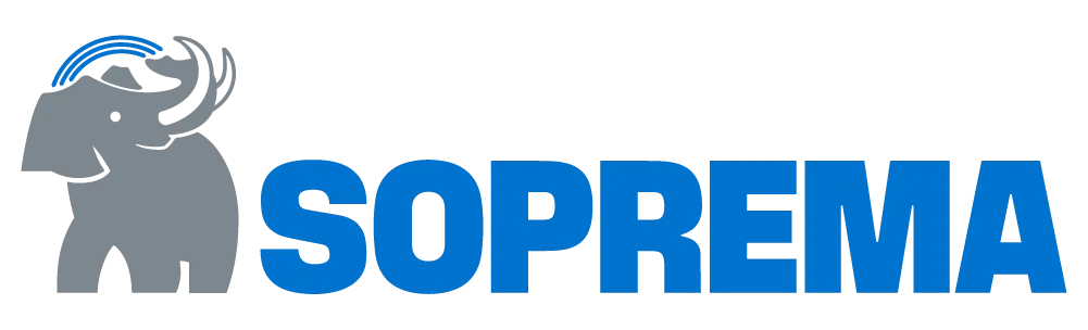 Logo pour Soprema, avec un mammouth gris et un texte bleu.