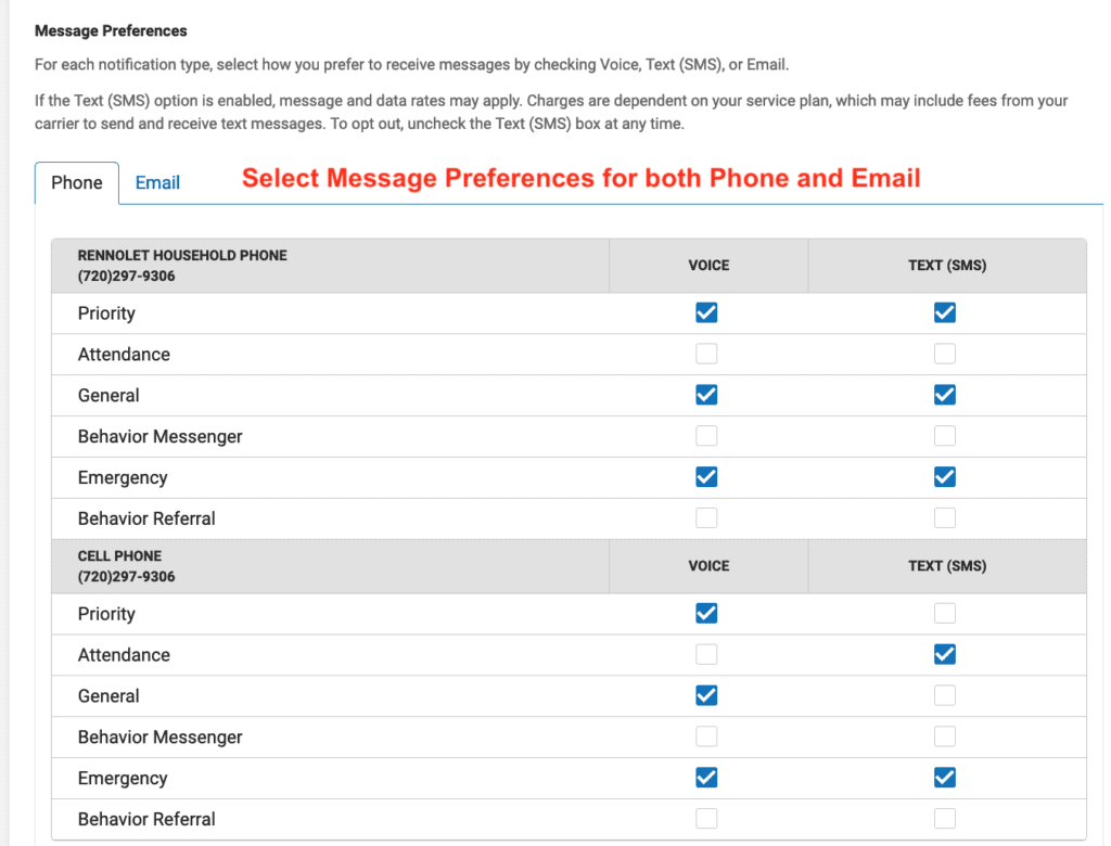 Select message preferences for both phone and email.