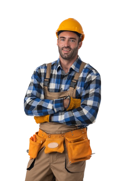 the man is wearing a hard hat and overalls and has his arms crossed