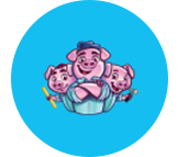 A logo featuring three cartoon pigs with smiling expressions, set against a solid blue circular background.