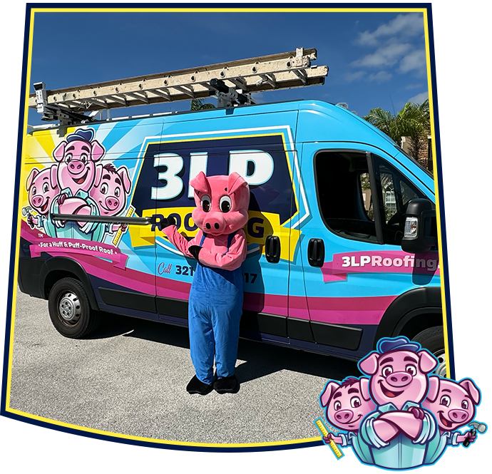 A mascot in a pig costume stands next to a blue 3LP Roofing van featuring cartoon pigs in the branding.