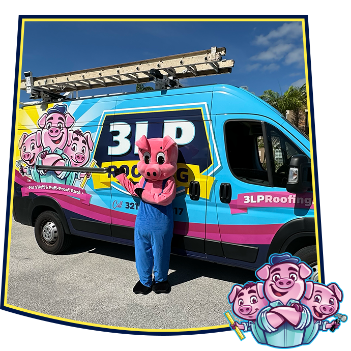 A mascot dressed as a pig in blue overalls stands next to a bright blue van featuring 3LP Roofing branding and graphics.