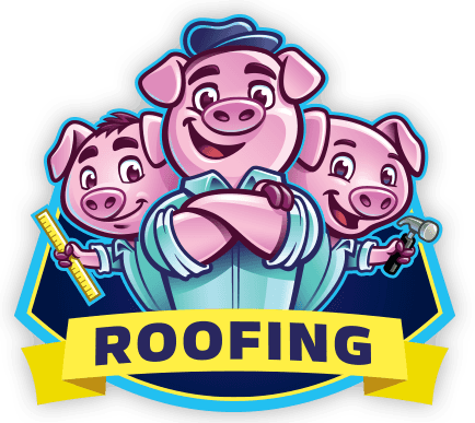 A logo featuring three cartoon pigs with tools, positioned above a yellow banner containing the word 