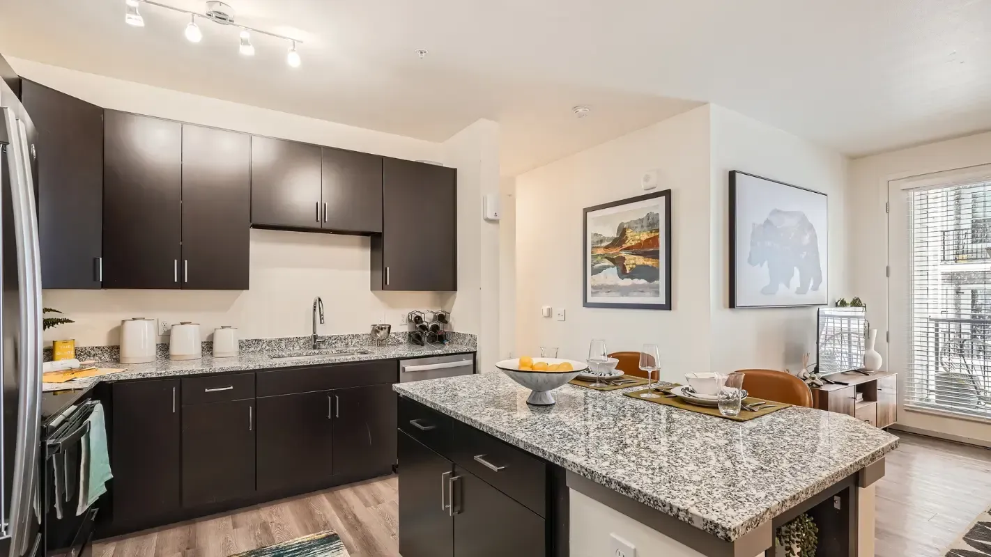 Open-concept kitchen in a modern apartment with dark cabinets, granite countertops, and an island.