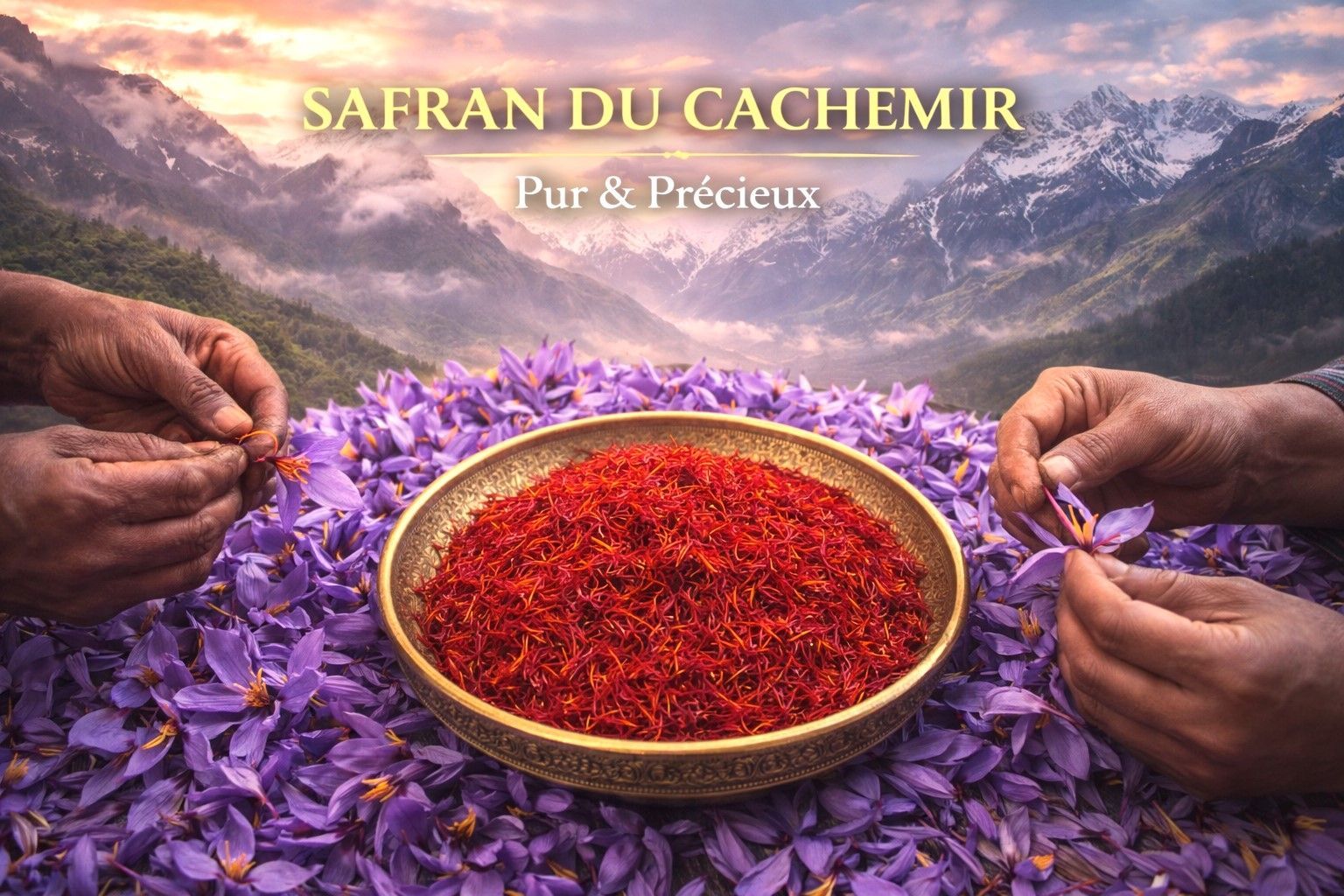 Safran du Cachemire pur et précieux récolté à la main, stigmates rouges de haute qualité au cœur des fleurs de crocus dans les montagnes de l’Himalaya