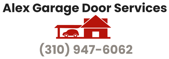 Alex Garage Door Services logo: Red garage with car, phone number (310) 947-6062.