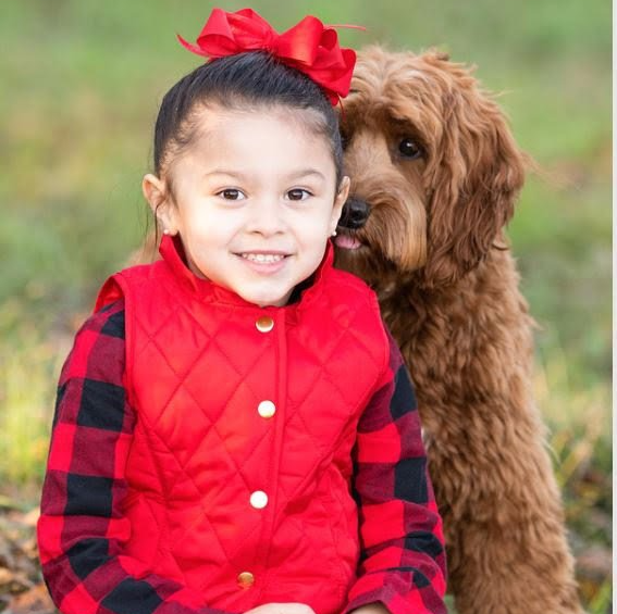 A little girl in a red vest is sitting next to a brown dog.