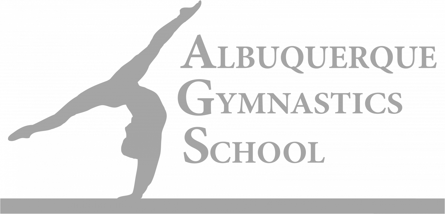 The albuquerque gymnastics school logo shows a gymnast doing a handstand on a balance beam.