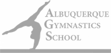 The albuquerque gymnastics school logo shows a gymnast doing a handstand on a balance beam.