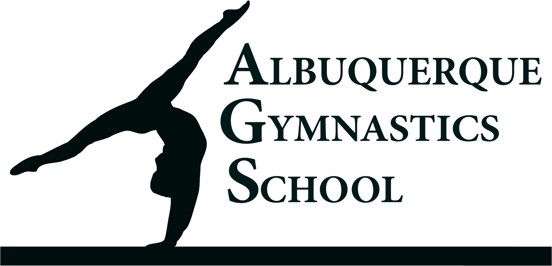 A black and white logo for albuquerque gymnastics school