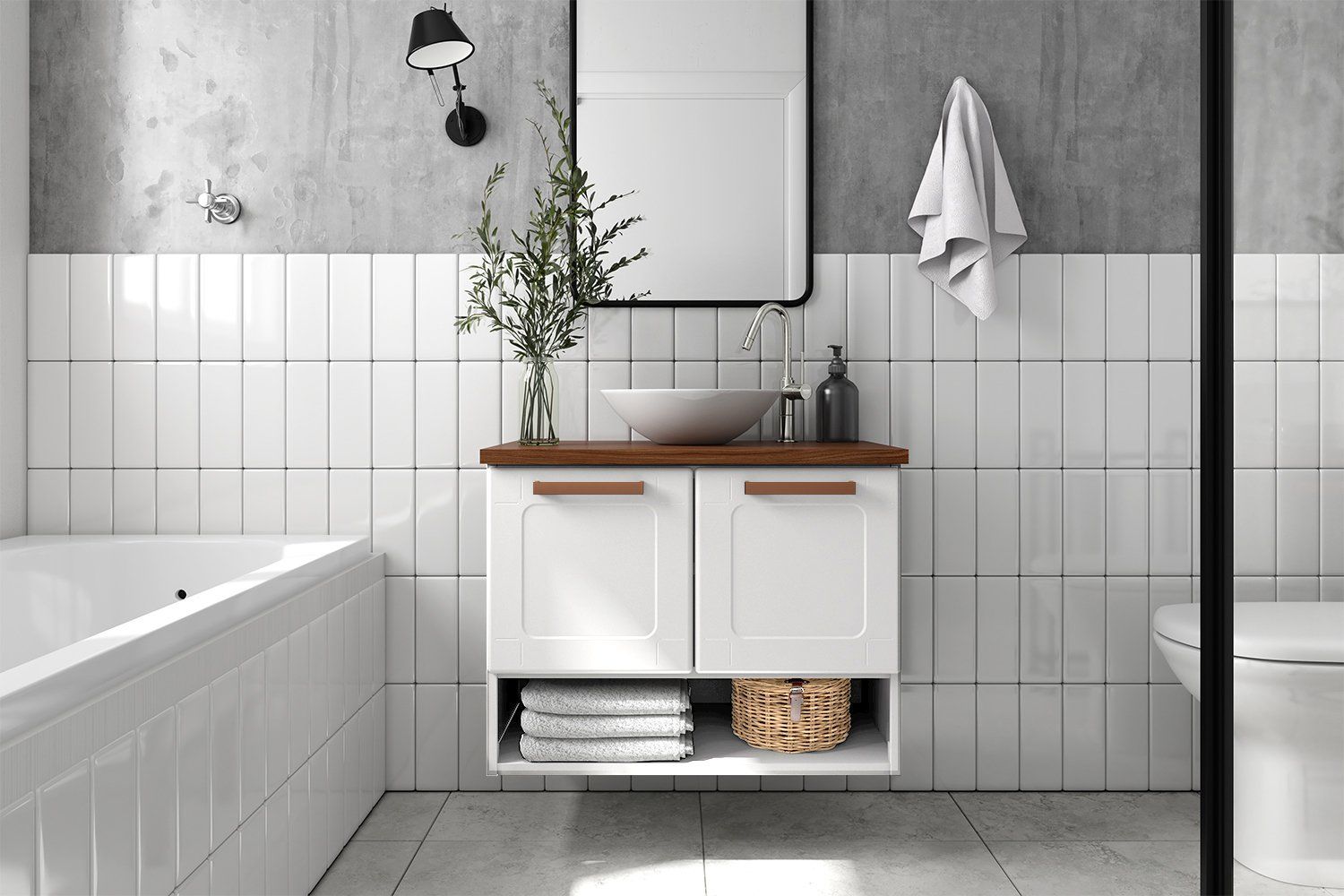 Un baño con azulejos blancos, un lavabo, un espejo y una bañera.