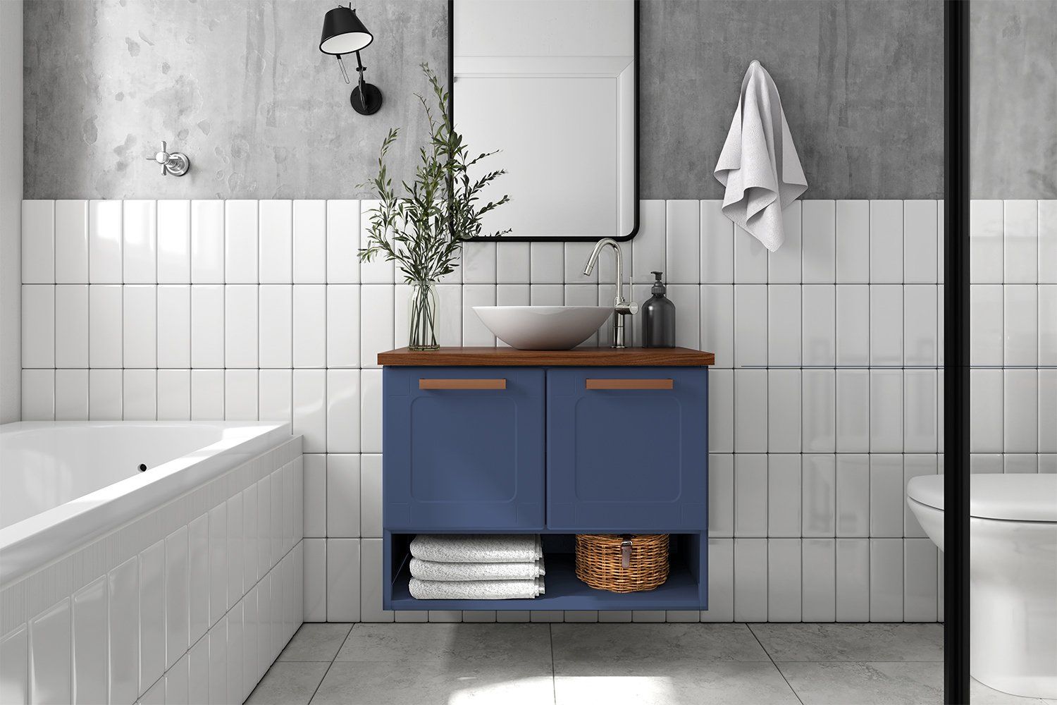 Un baño con tocador azul, lavabo, espejo y bañera.