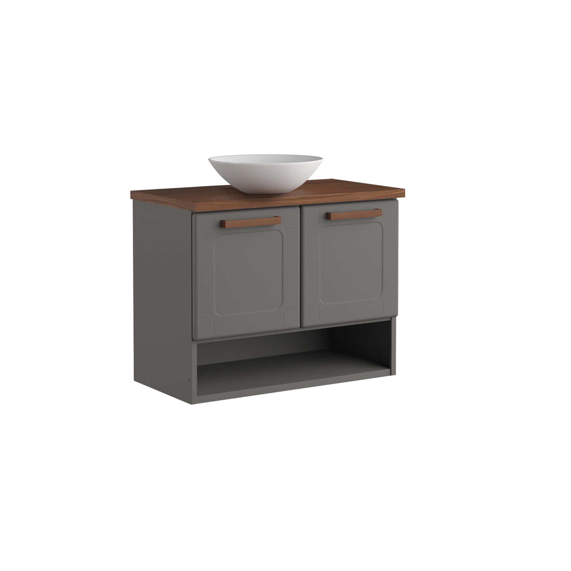 Un tocador de baño con un lavabo encima.