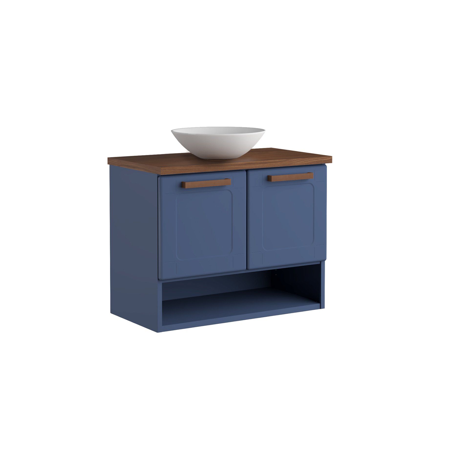 Un tocador azul con un lavabo encima.