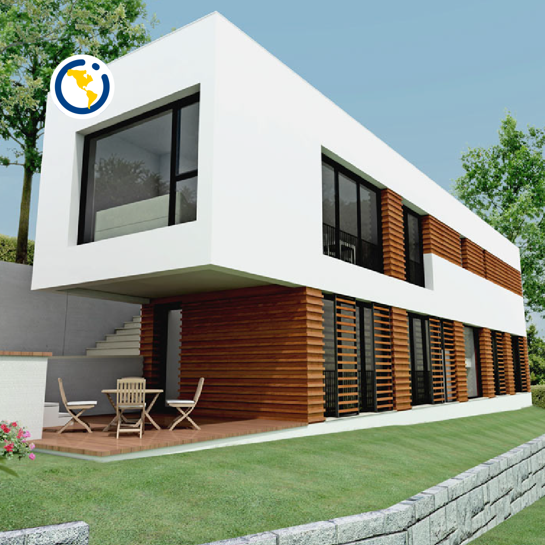 Una casa blanca con un globo terráqueo encima