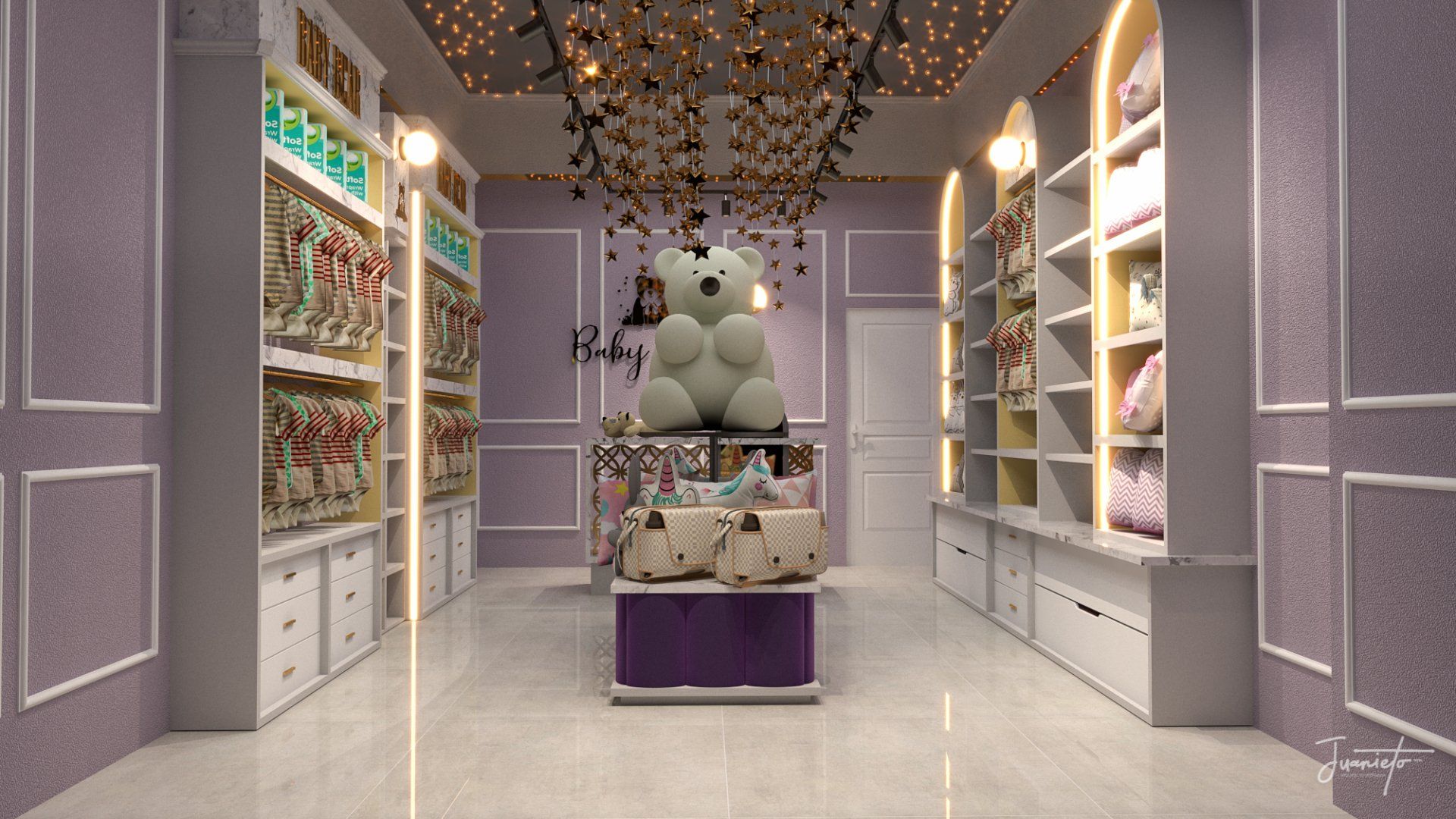 Un oso de peluche está sentado encima de una mesa en una tienda.