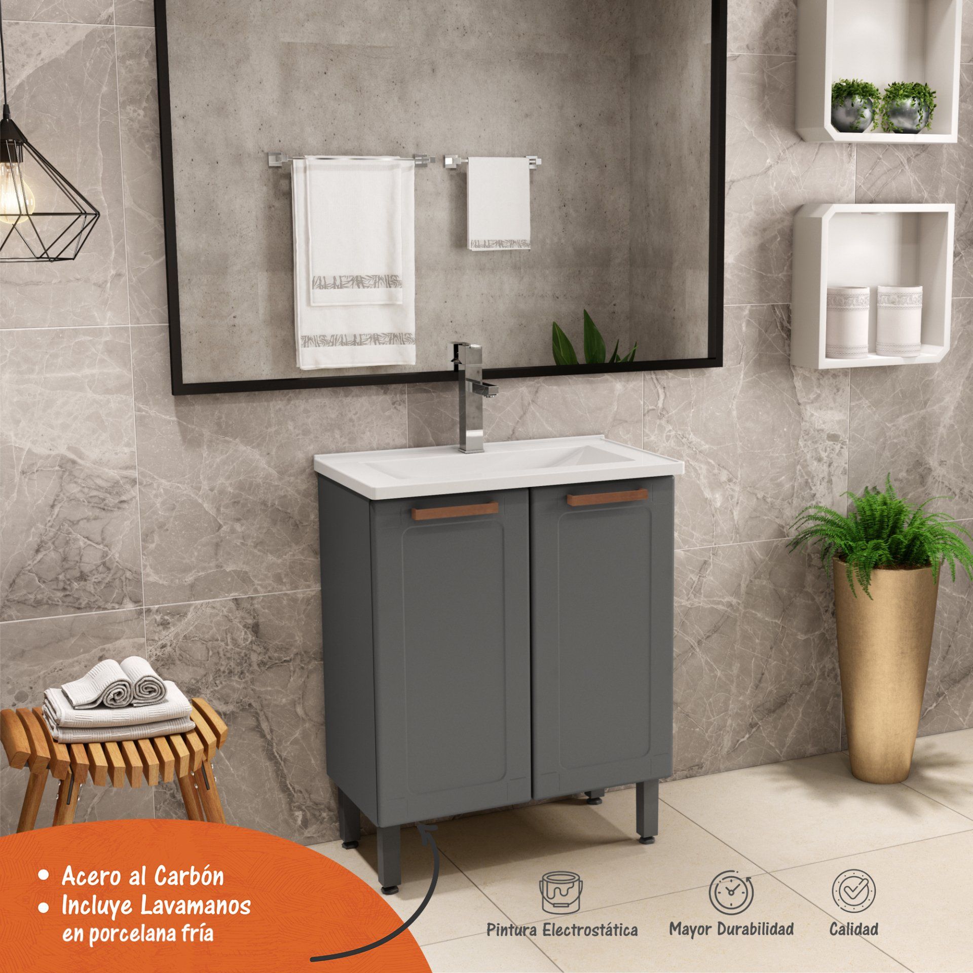 Un baño con un lavabo, un espejo y una planta en maceta.