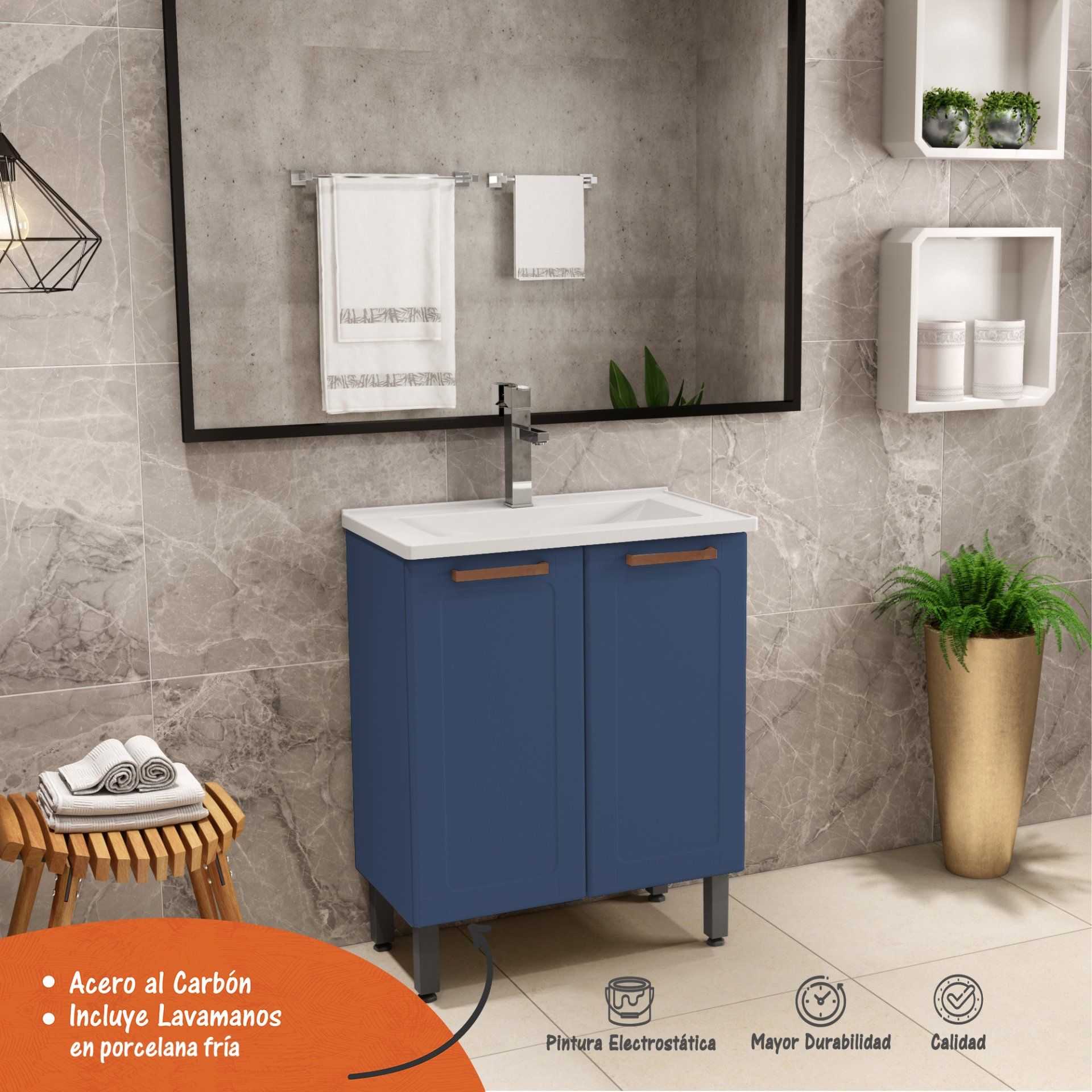 Un baño con un tocador azul y un espejo.