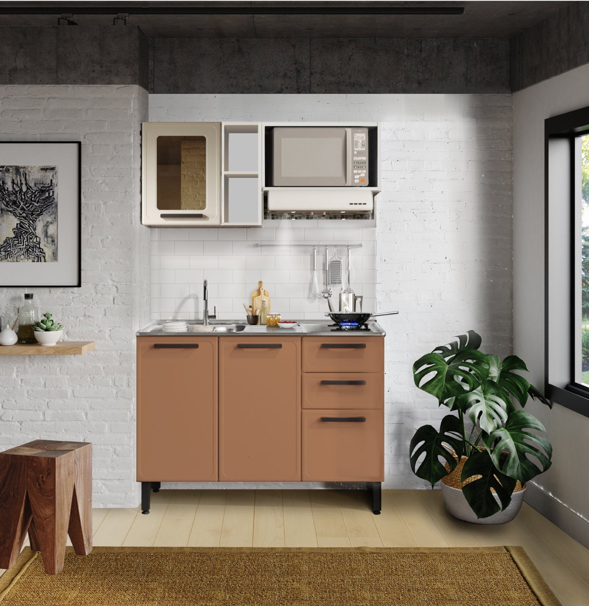 Una cocina con gabinetes marrones y un microondas.