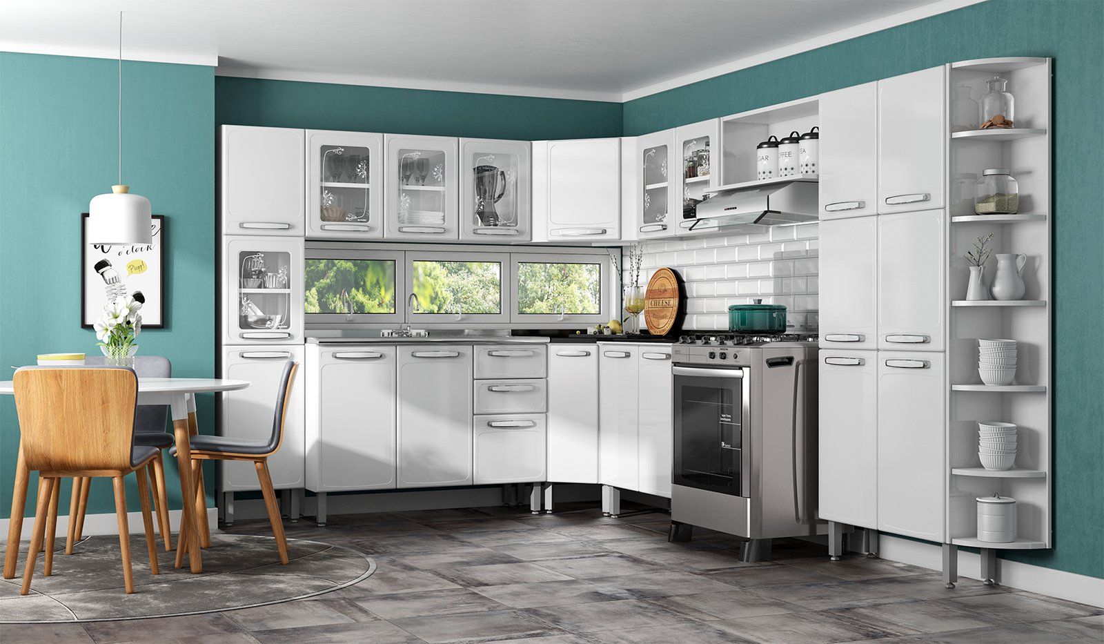 Una cocina con gabinetes blancos, una estufa, una mesa y sillas.