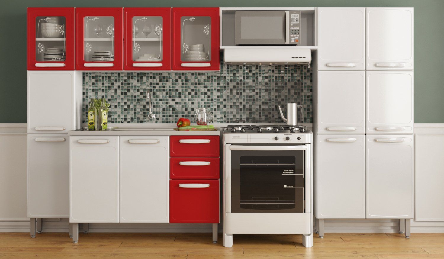 Una cocina con gabinetes rojos y blancos y una estufa.