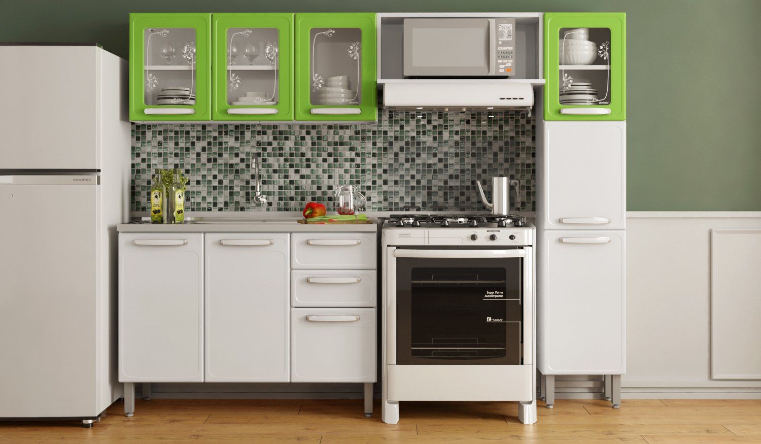 Una cocina con gabinetes blancos, una estufa, un refrigerador y un microondas.