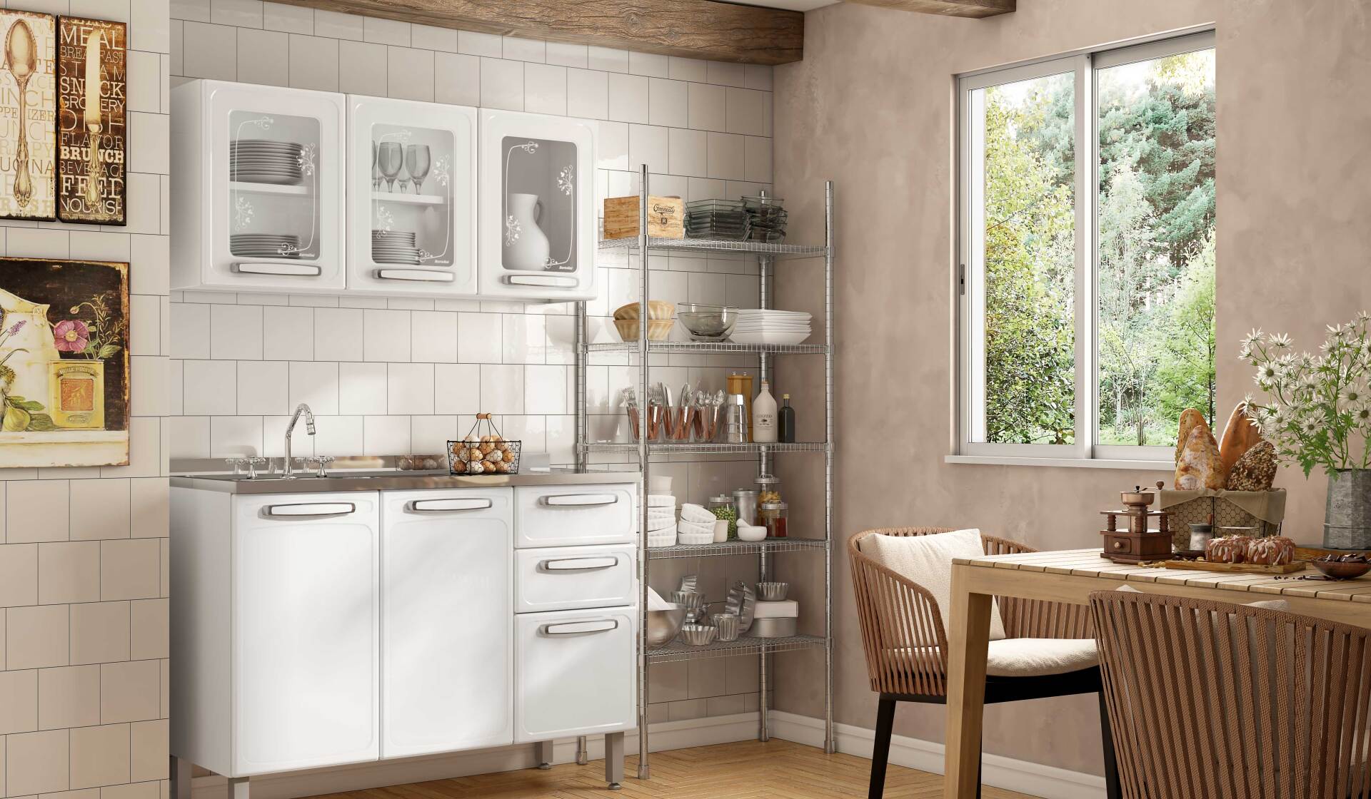 Una cocina con gabinetes blancos, un fregadero, una mesa y sillas.