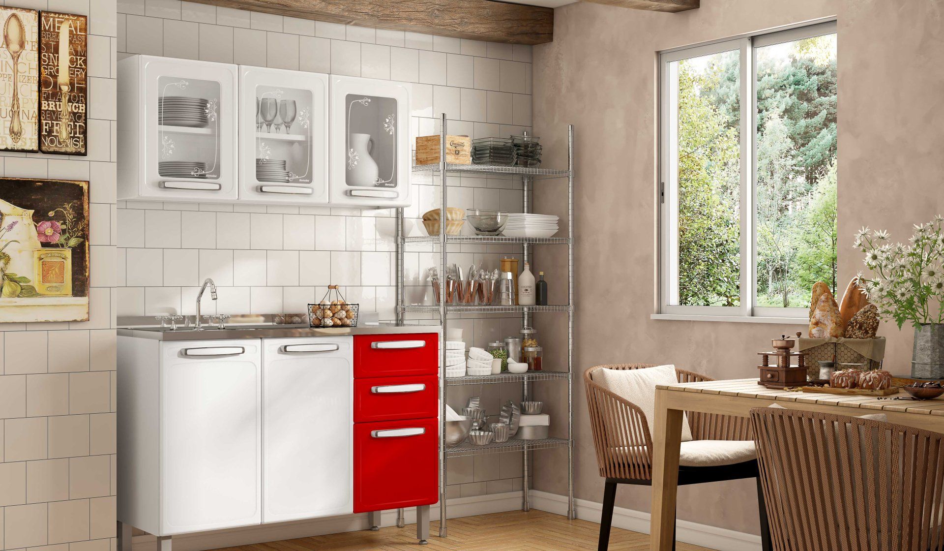 Una cocina con gabinetes blancos y un gabinete rojo en la esquina.