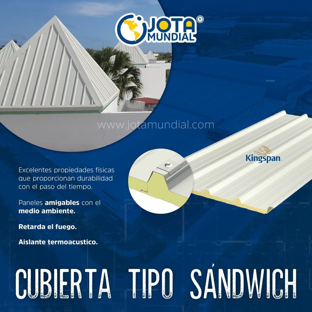 Un anuncio azul y blanco de cubierta tipo sándwich