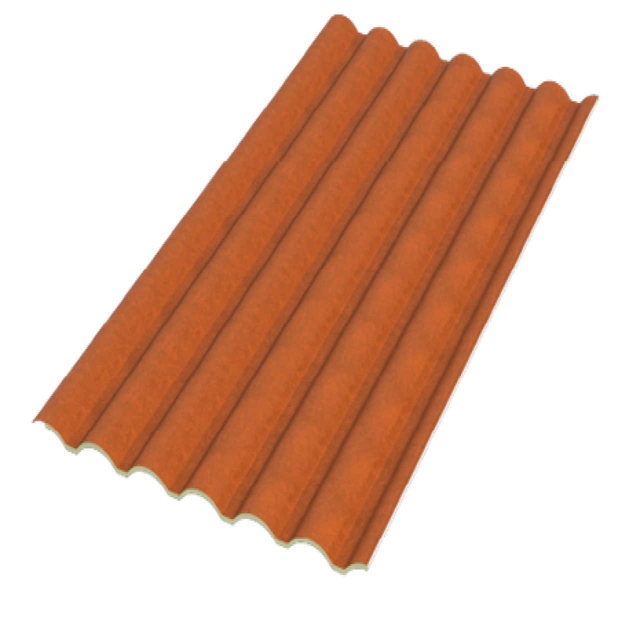 Una lámina de techo corrugada roja sobre un fondo blanco