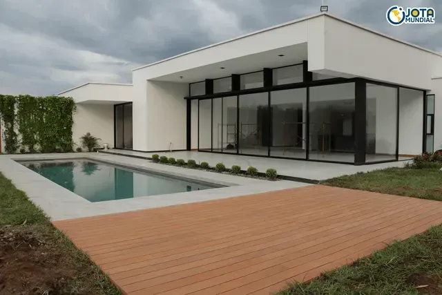 Una casa blanca con una gran piscina delante de ella.