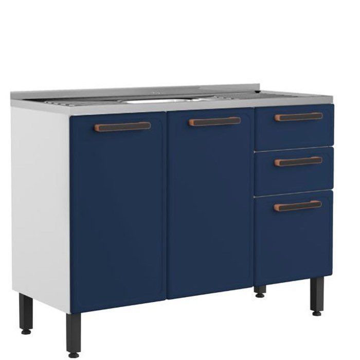 Un armario azul con cajones y un lavabo sobre un fondo blanco.