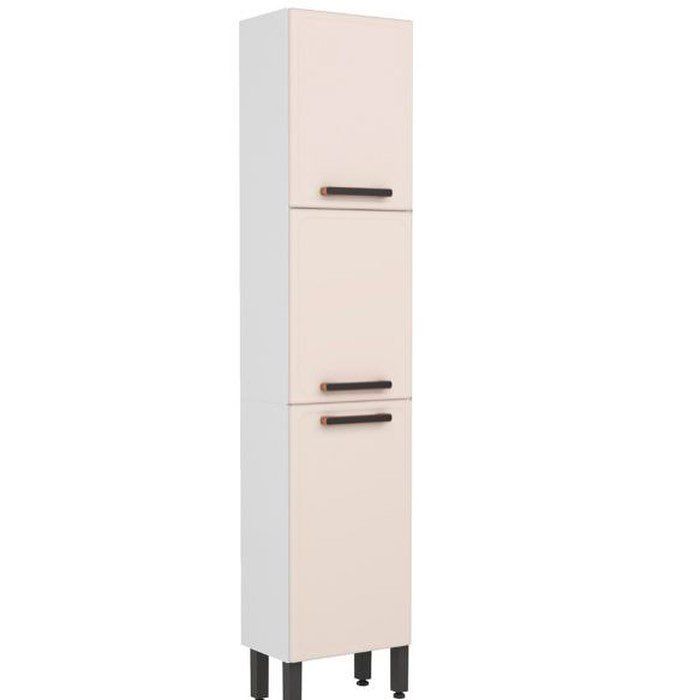 Un armario blanco con tres puertas y tiradores negros sobre un fondo blanco.