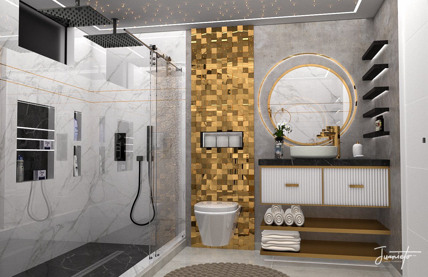 Un baño con inodoro, lavabo, ducha y espejo.