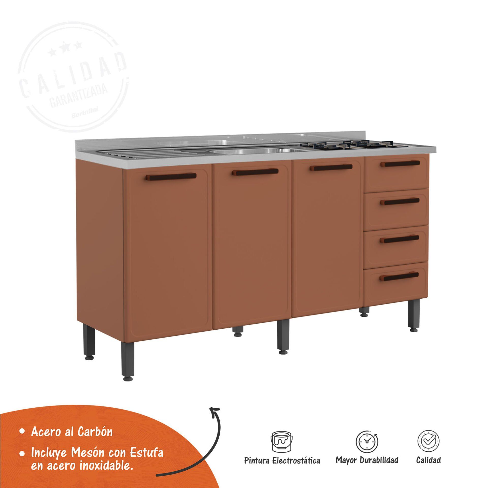 Un mueble de cocina marrón con cajones y una estufa.