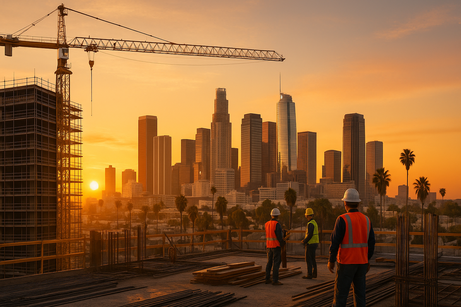 Construction workers at a construction site with Los Angeles skyline at sunset, crane, orange sky.