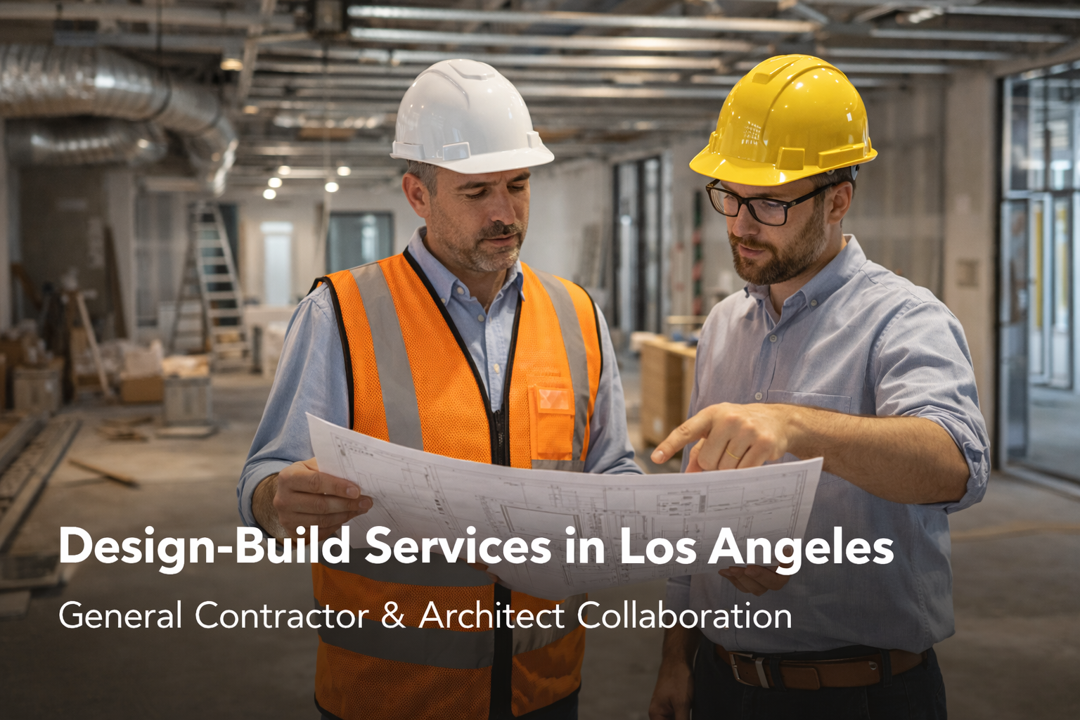 Two construction workers reviewing blueprints at a Los Angeles construction site.