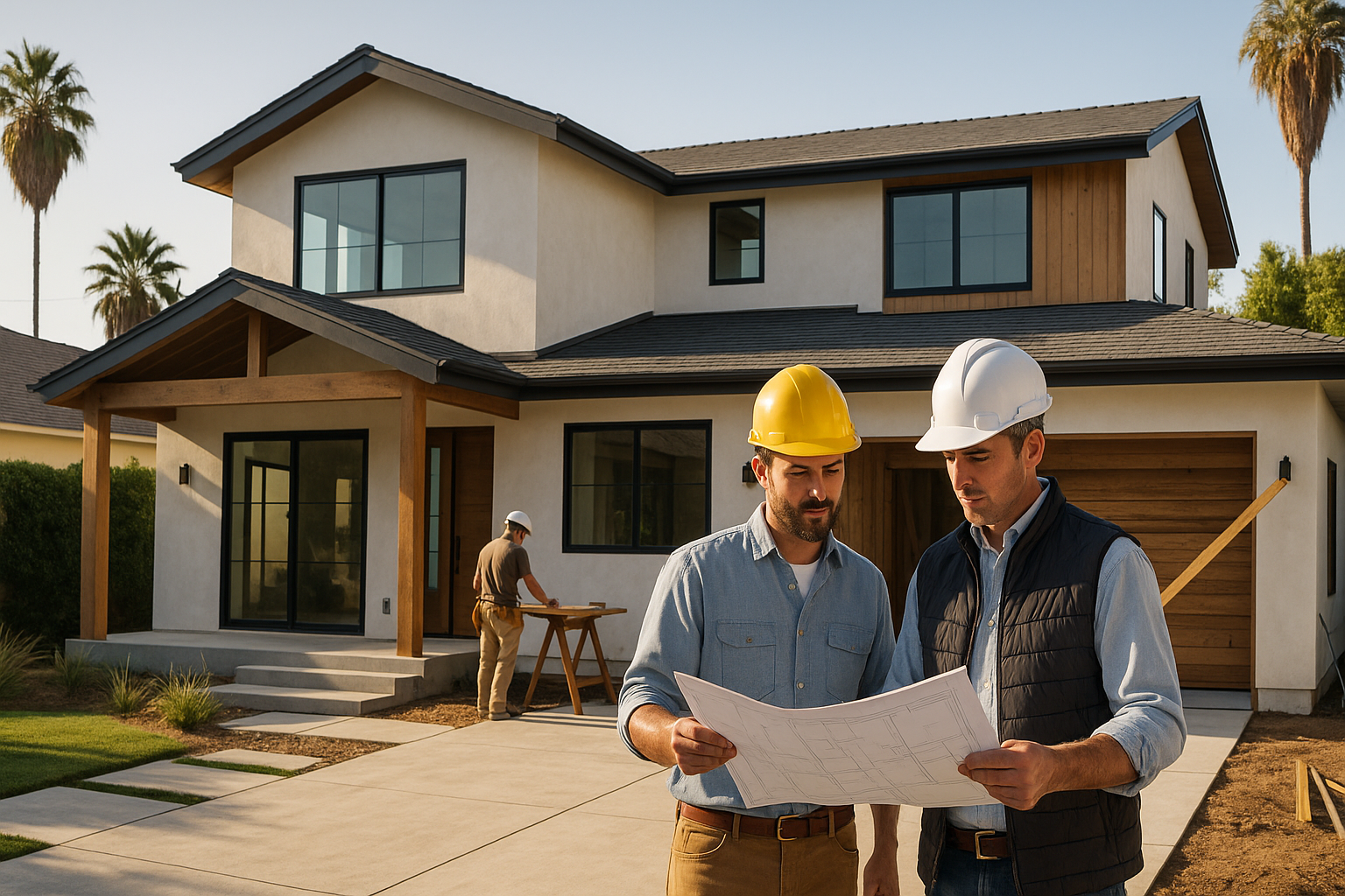 Two construction workers looking at blueprints in front of a house under construction.