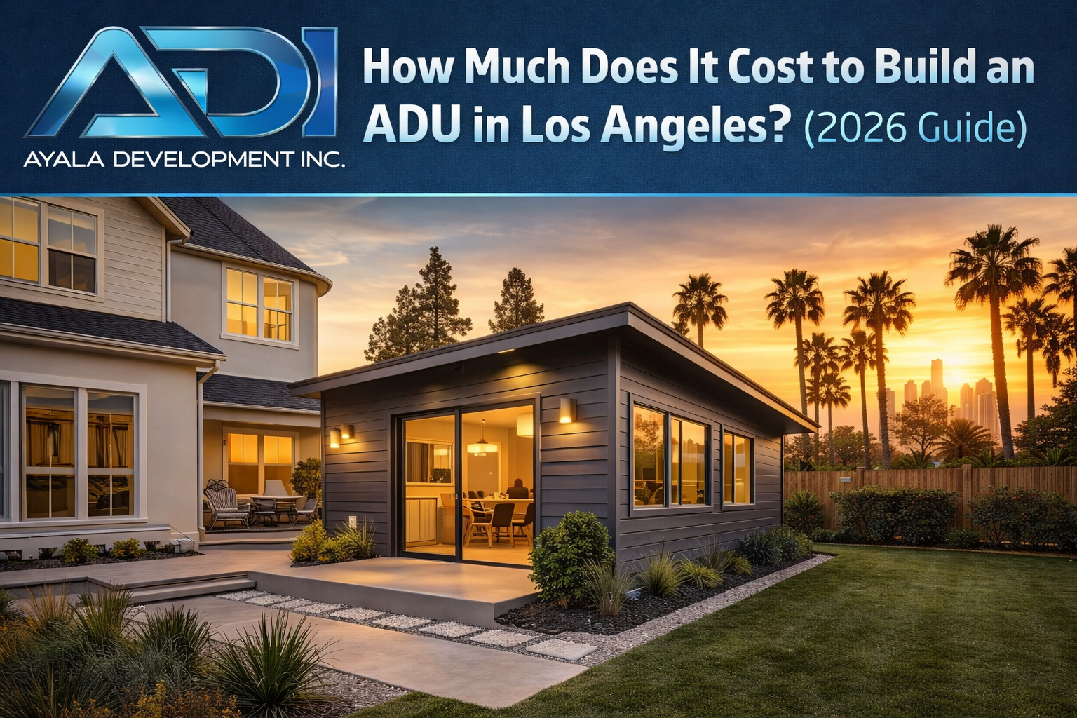 Modern home addition at sunset with a patio, pool, and text: “How Much Does It Cost to Build an ADU in Los Angeles? (2026 Guide)”