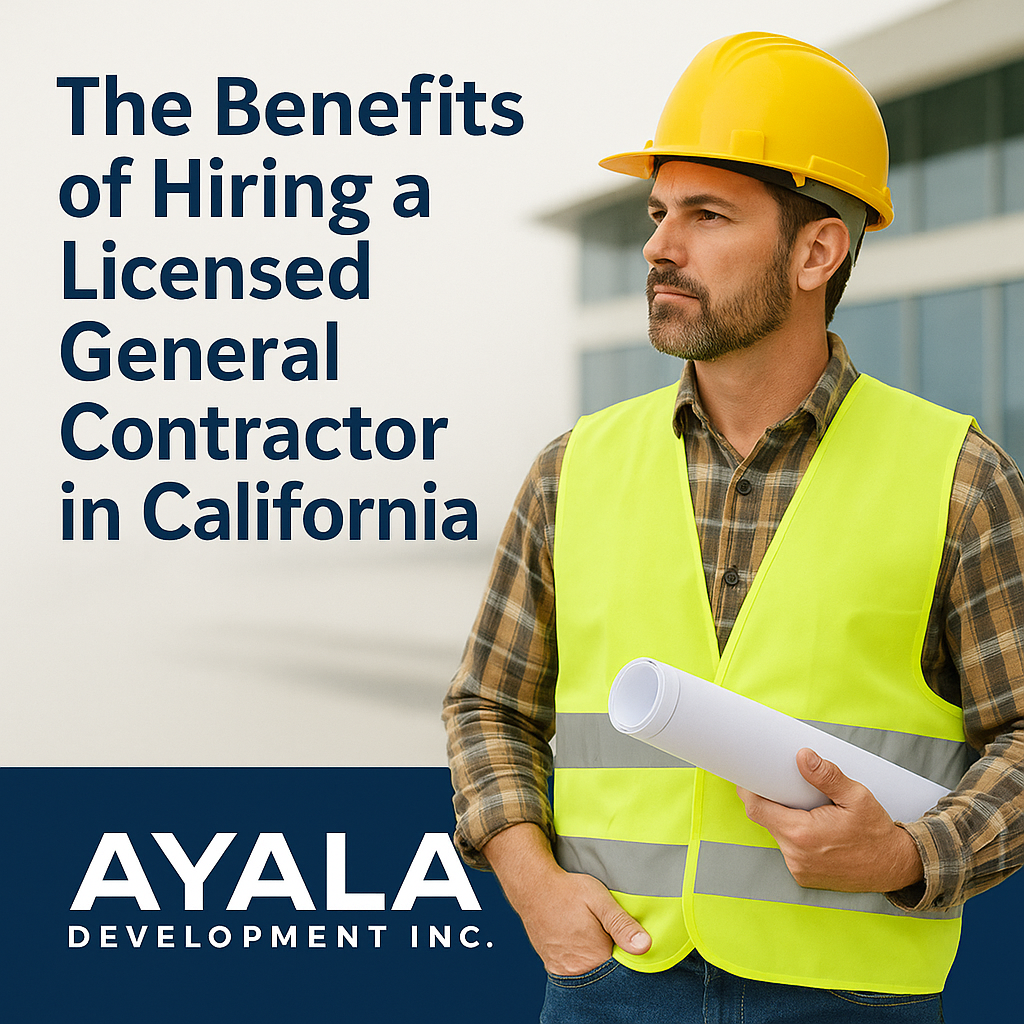 A construction worker in a hardhat holding blueprints, promoting Ayala Development Inc. benefits.