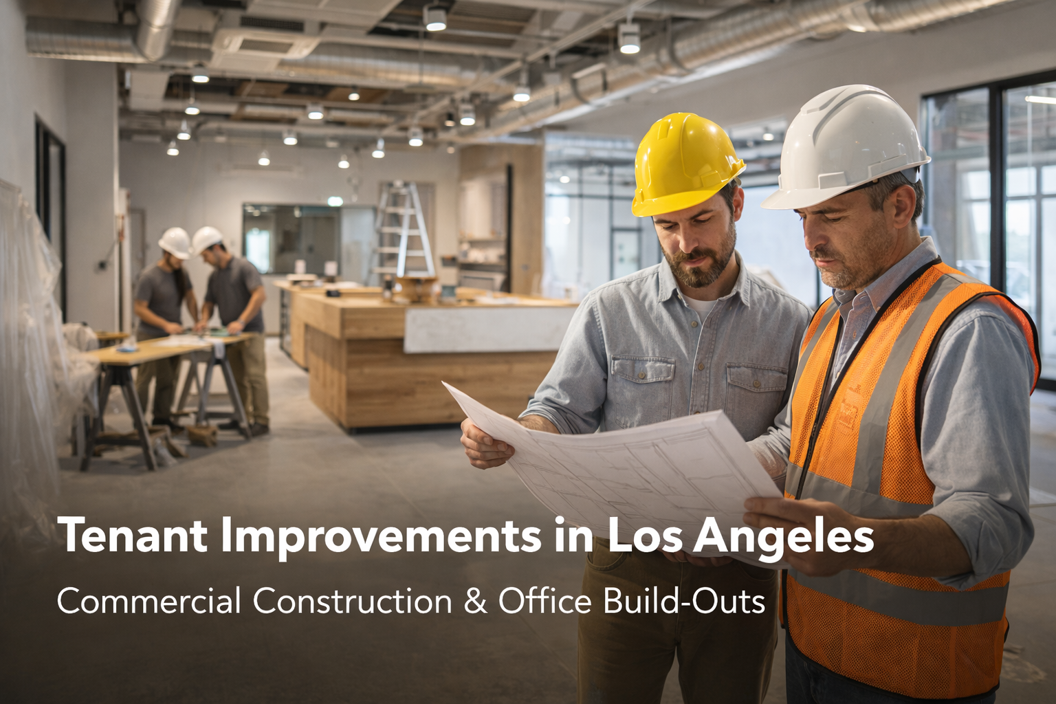 Two construction workers review blueprints at a commercial construction site in Los Angeles.