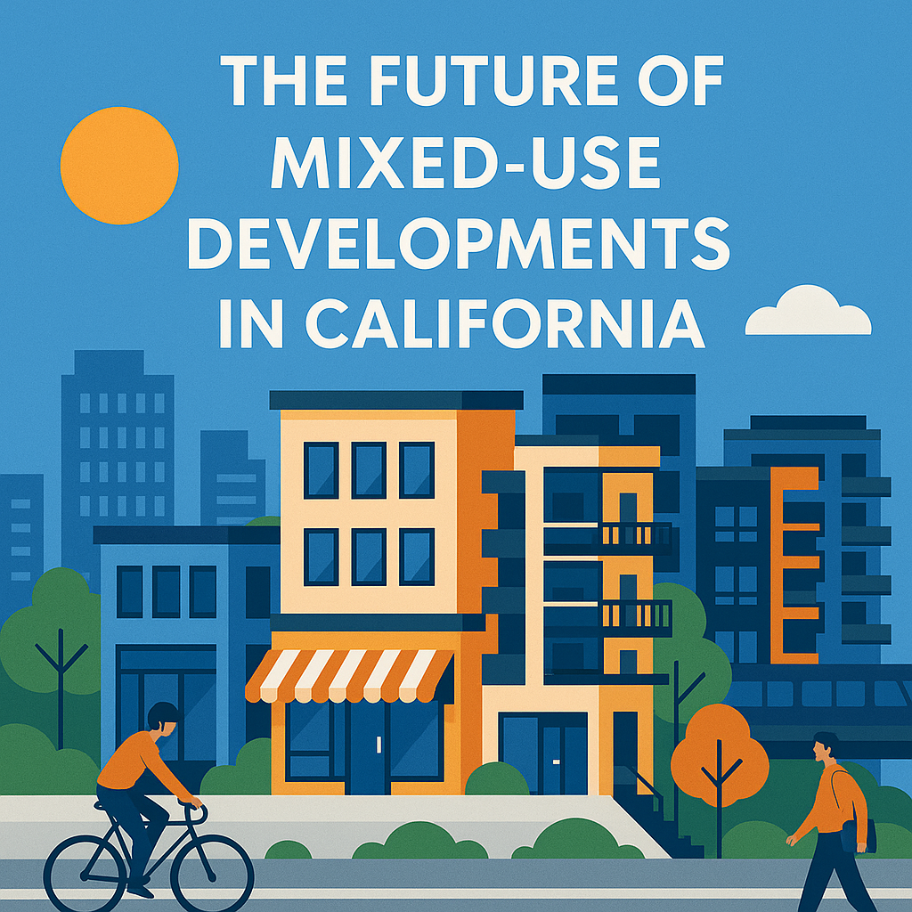 Illustration promoting mixed-use developments in California. Buildings, sun, people biking/walking, train, blue/orange hues.