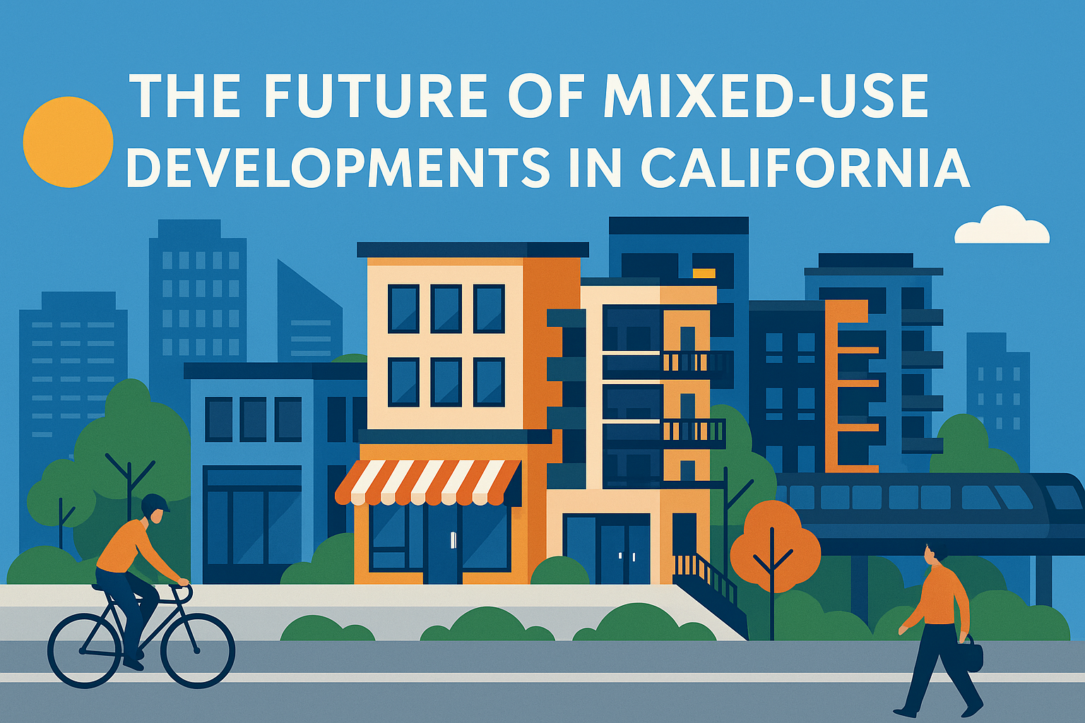 Illustration: Mixed-use buildings with a cyclist, pedestrian, and sun, in California.