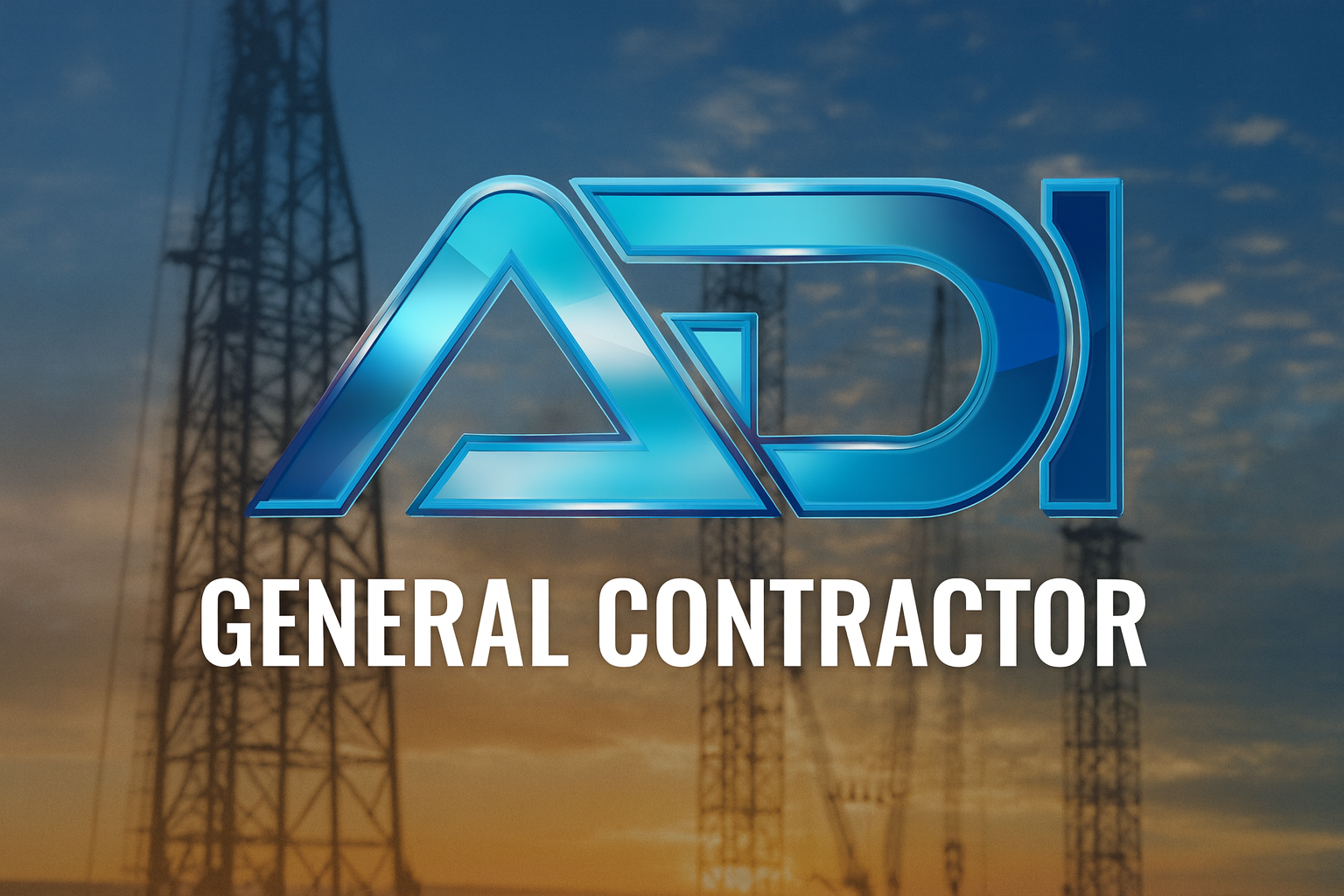 Logo for ADI General Contractor, blue text on an industrial background.